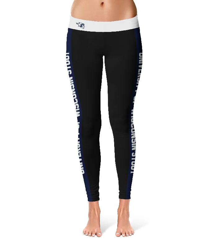 UW Wisconsin Stout Blue Devils Game Day Navy Stripes Black Yoga Leggings for Women by Vive La Fete Cozy Sweat-Wicking Leggings