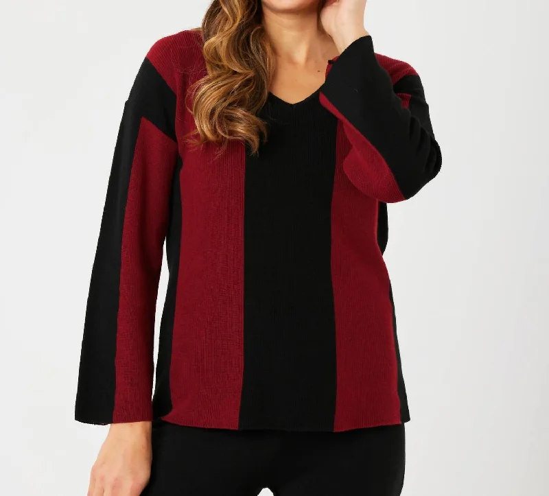 V-Neck Ribbed Sweater In Black/wine Stylish Fashionable Trendy