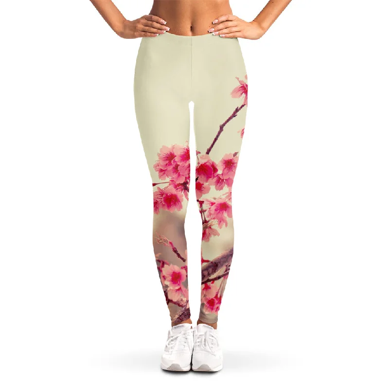 Vintage Cherry Blossom Print Women's Leggings Trendy High-Waist Tummy Control Leggings