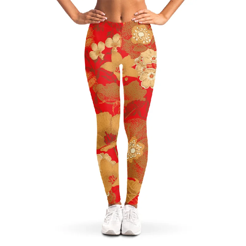 Vintage Chinese Flower Print Women's Leggings Stylish Stretch Print Leggings