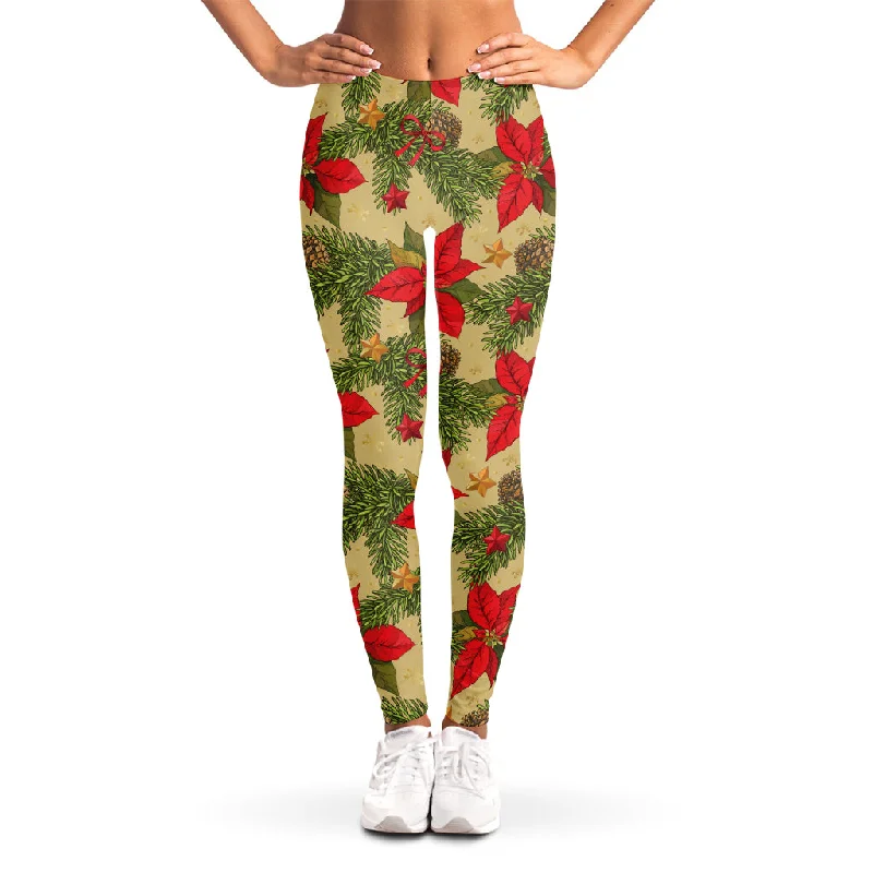 Vintage Christmas Poinsettia Print Women's Leggings Comfortable Printed Workout Leggings