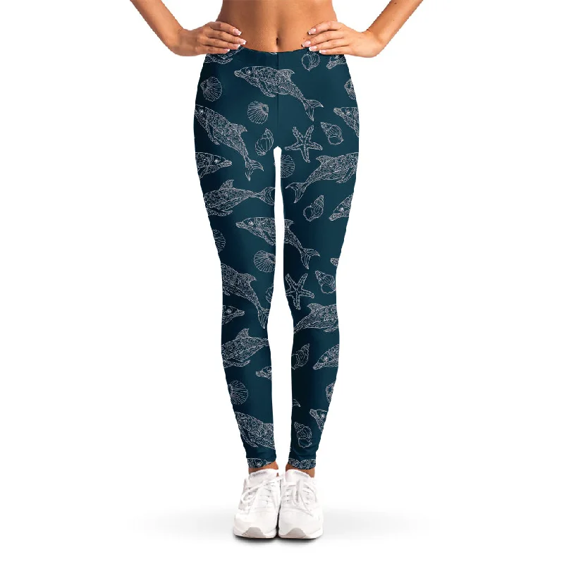 Vintage Dolphins Pattern Print Women's Leggings Cozy Full-Length Workout Leggings