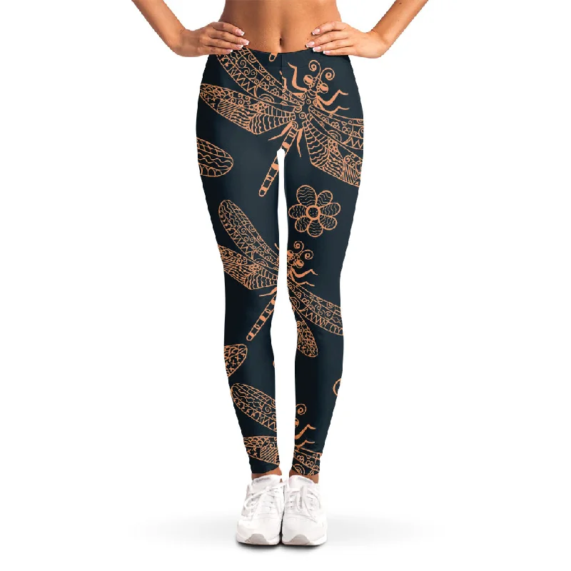 Vintage Dragonfly Pattern Print Women's Leggings Chic Floral Print Leggings