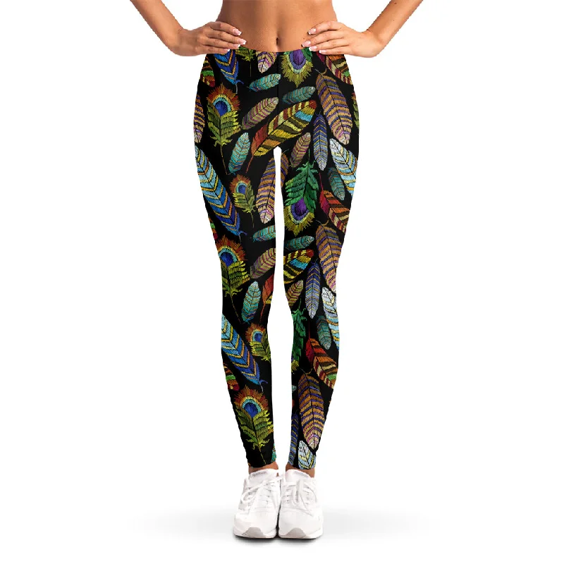 Vintage Feather Pattern Print Women's Leggings Stylish Printed Stretch Leggings