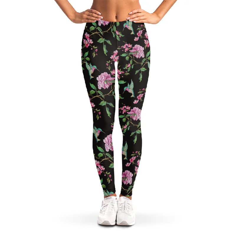 Vintage Floral Hummingbird Print Women's Leggings Stylish Yoga Leggings