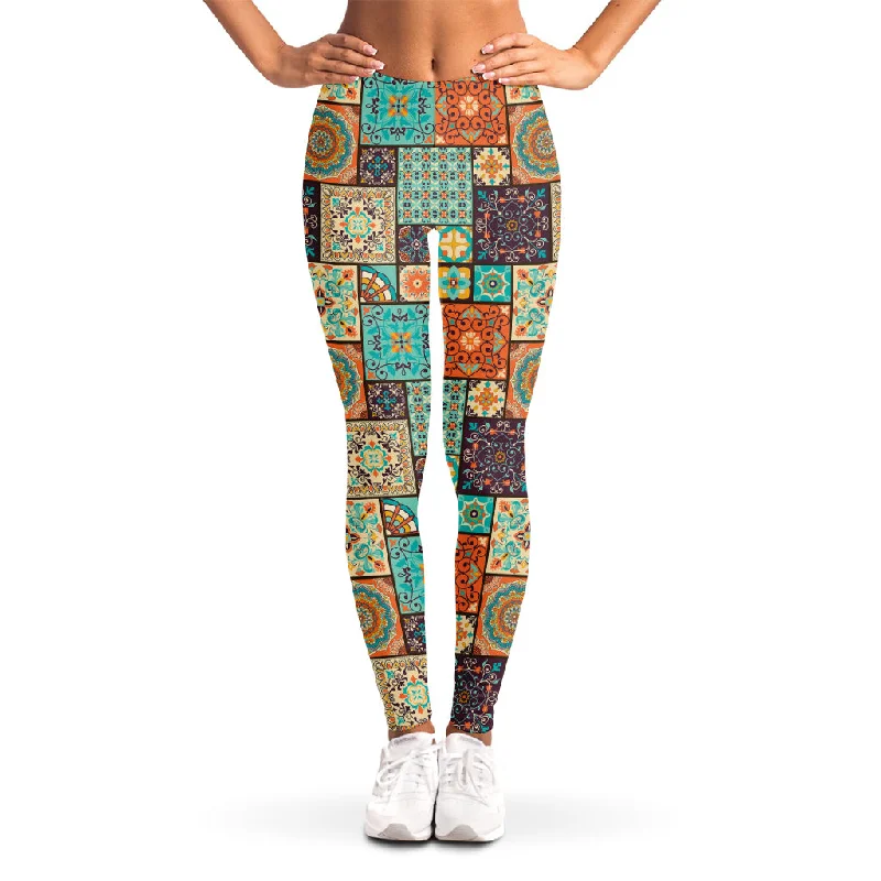 Vintage Floral Patchwork Pattern Print Women's Leggings Comfortable Fleece-Lined Leggings