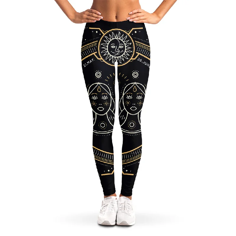 Vintage Gemini Zodiac Sign Print Women's Leggings Elegant Black Leggings