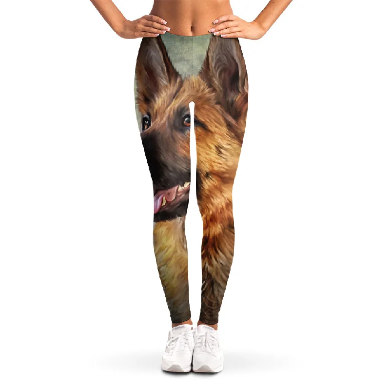 Vintage German Shepherd Portrait Print Women's Leggings Fashionable Ribbed Knit Leggings