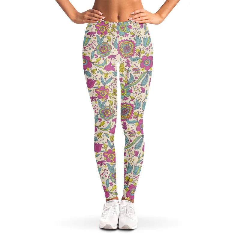 Vintage Girly Floral Print Women's Leggings Cozy Mid-Rise Workout Leggings