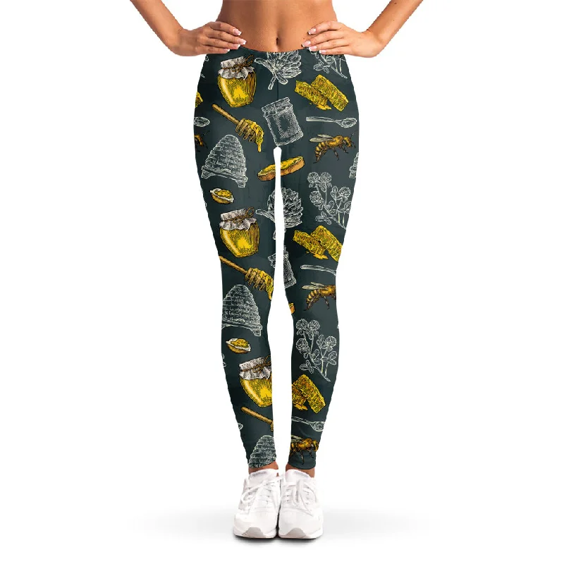 Vintage Honey Bee Print Women's Leggings Elegant Animal Print Leggings