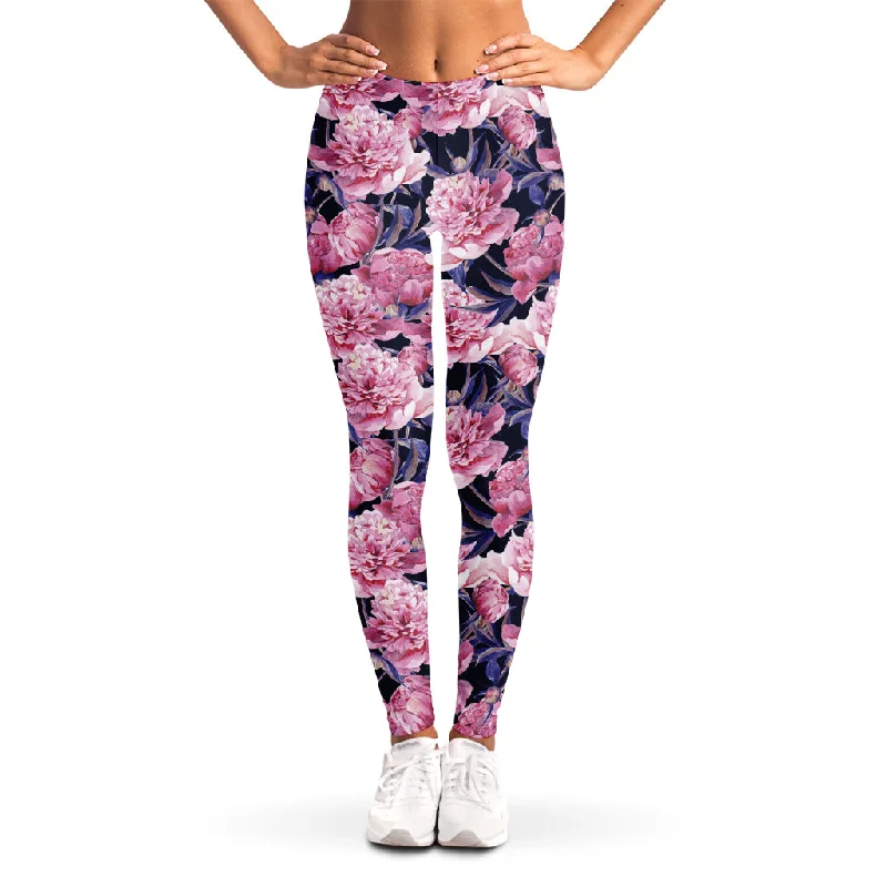 Vintage Pink Peony Floral Print Women's Leggings Cozy Mid-Rise Workout Leggings