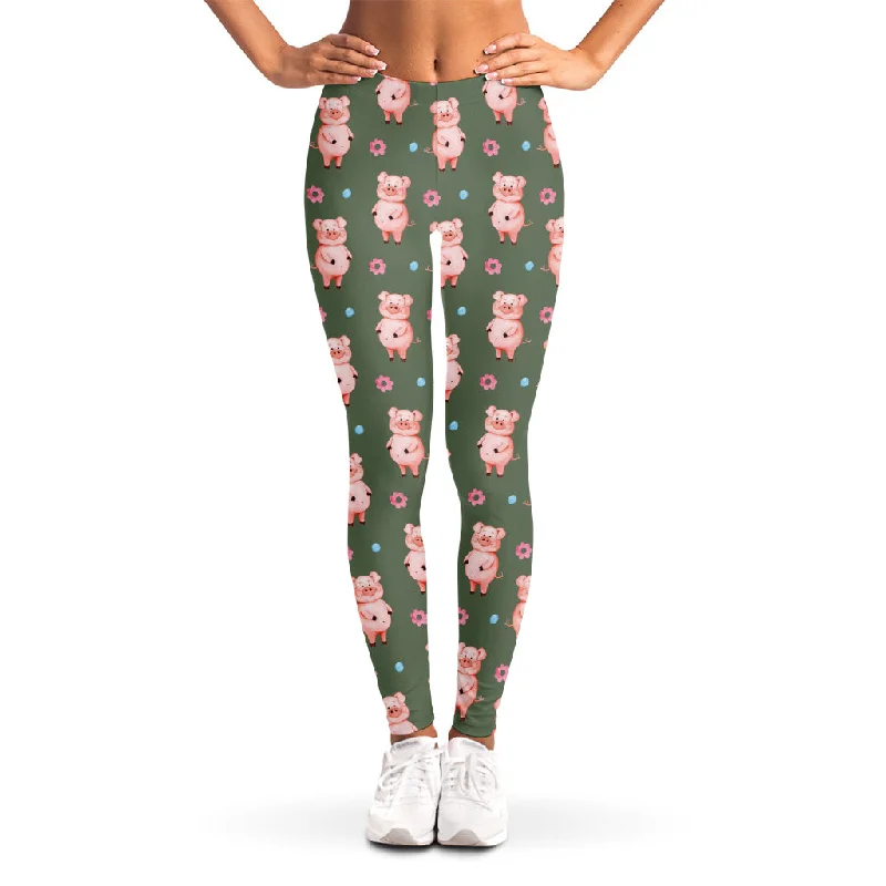 Vintage Pink Pig Pattern Print Women's Leggings Comfortable Workout Fitness Leggings