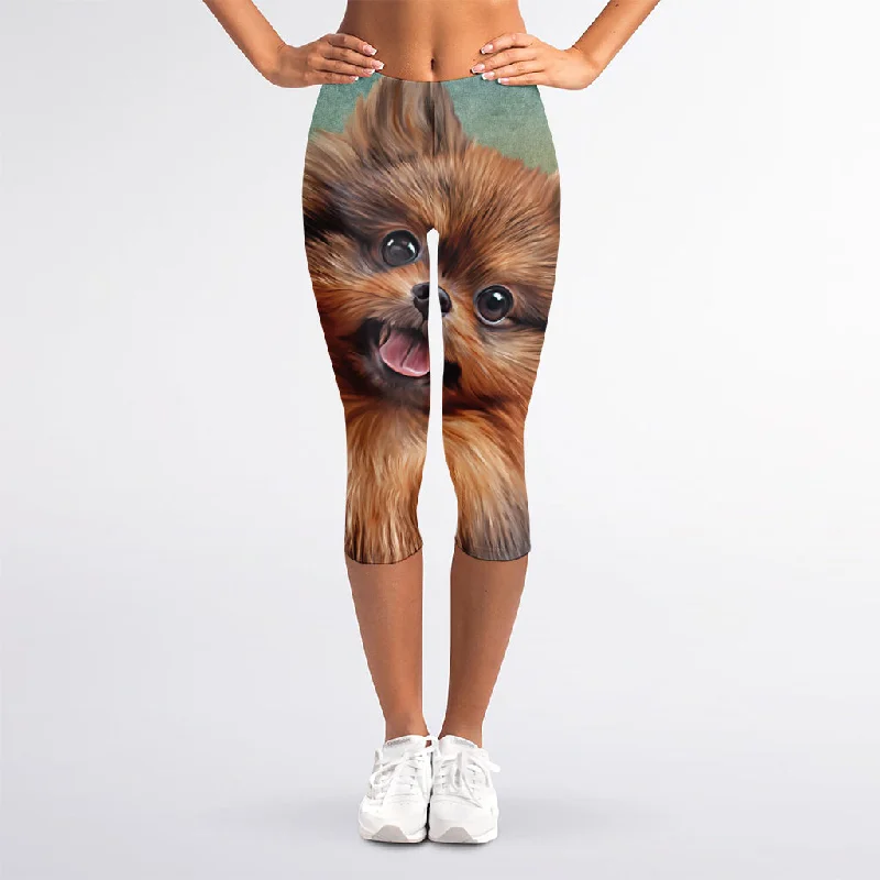 Vintage Pomeranian Portrait Women's Capri Leggings Stylish Sweat-Proof Leggings