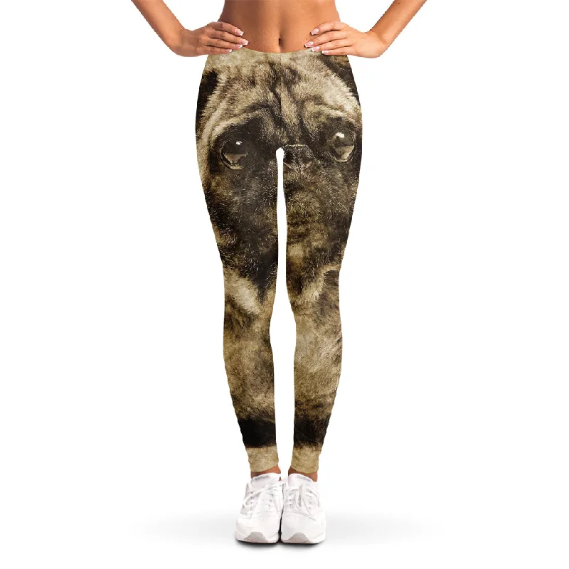 Vintage Pug Portrait Print Women's Leggings Classic Solid Color Leggings