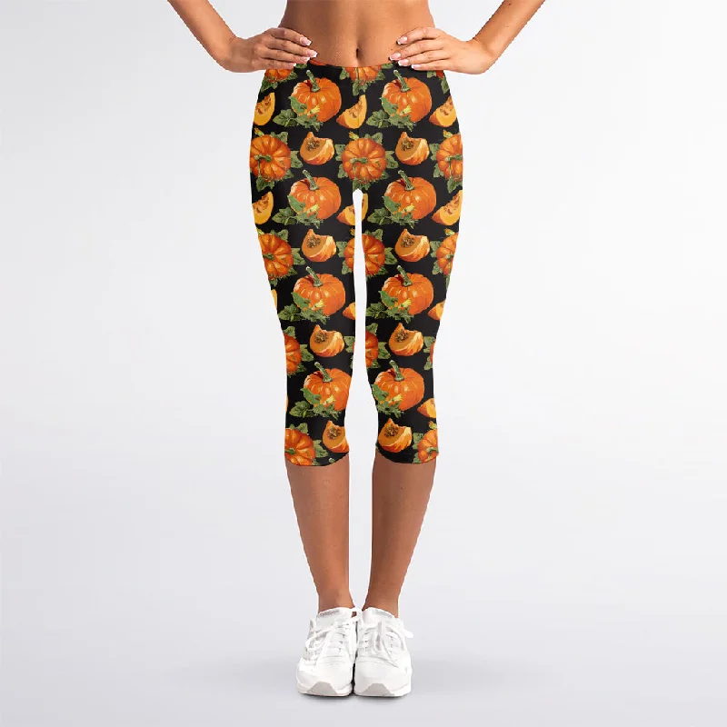 Vintage Pumpkin Pattern Print Women's Capri Leggings Fashionable Fitted Workout Leggings