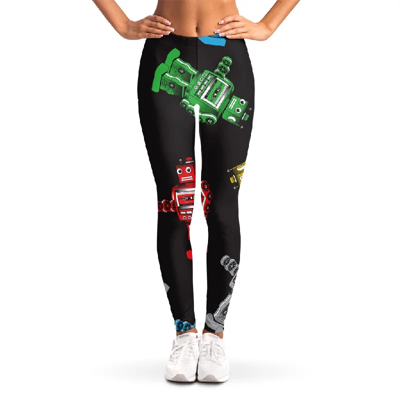 Vintage Robot Pattern Print Women's Leggings Stylish High-Waisted Leggings