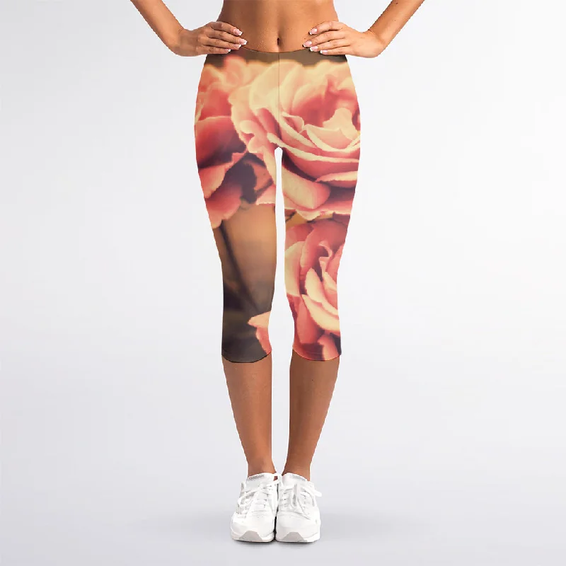 Vintage Rose Print Women's Capri Leggings Trendy Sporty Compression Leggings