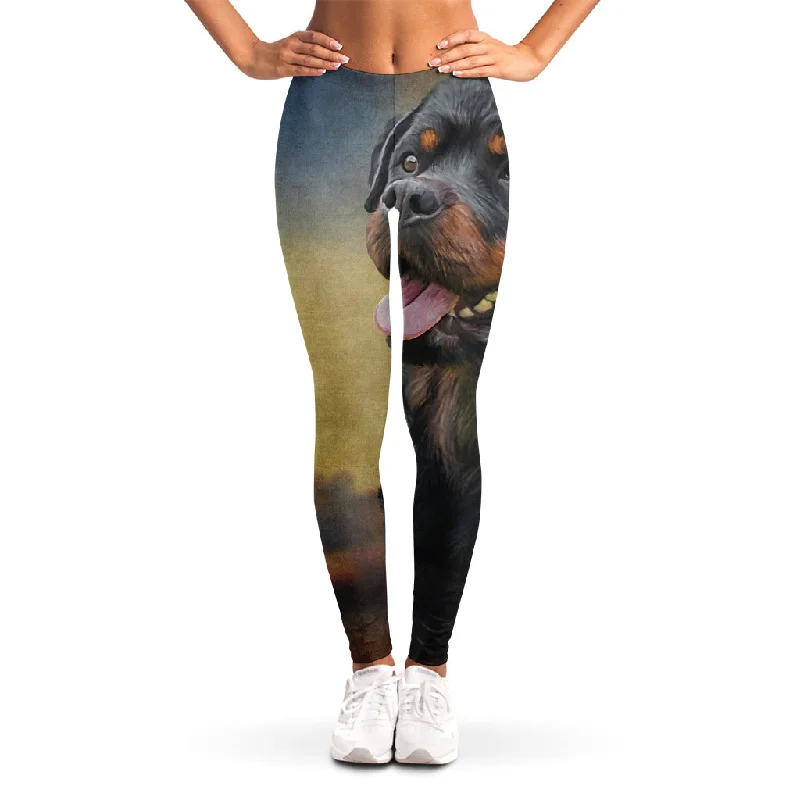 Vintage Rottweiler Portrait Print Women's Leggings Elegant Casual Fit Leggings