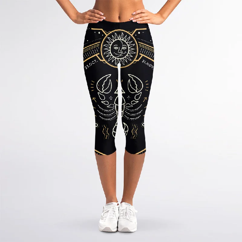 Vintage Scorpio Zodiac Sign Print Women's Capri Leggings Trendy Black Mesh Leggings