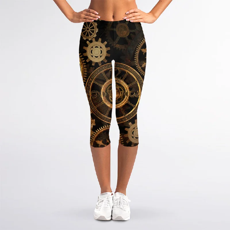 Vintage Steampunk Gears Print Women's Capri Leggings Trendy Seamless Fit Leggings