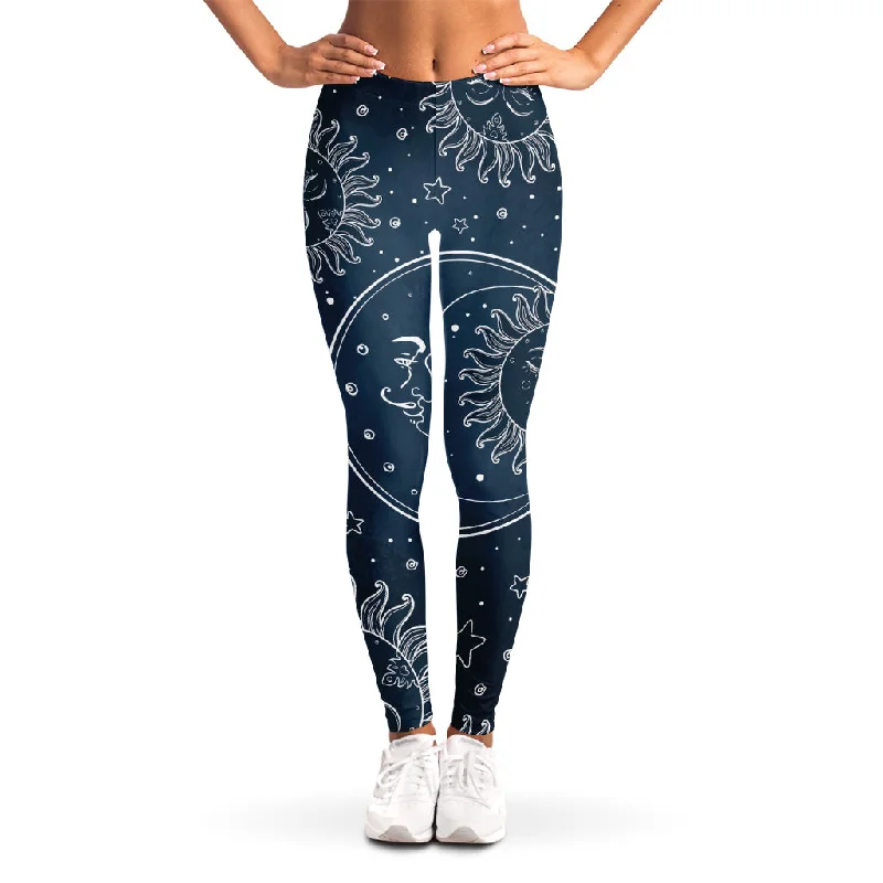 Vintage Sun And Moon Pattern Print Women's Leggings Fashionable Full-Length Active Leggings