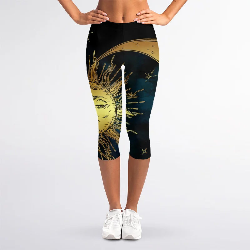 Vintage Sun And Moon Print Women's Capri Leggings Comfortable Ribbed Waistband Leggings