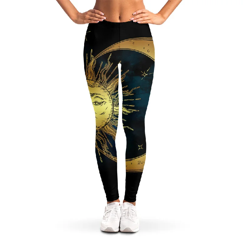 Vintage Sun And Moon Print Women's Leggings Elegant Textured Leggings