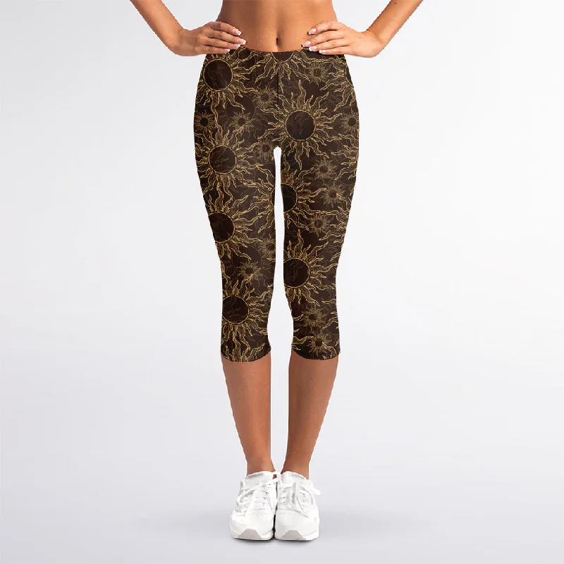 Vintage Sun Pattern Print Women's Capri Leggings Stylish Winter-Ready Leggings