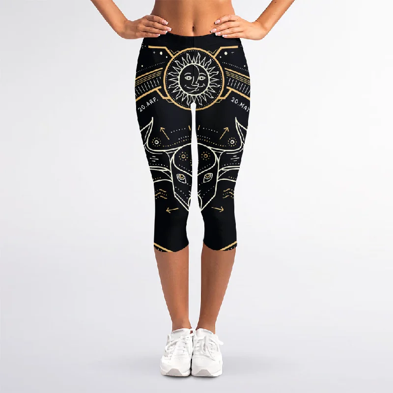 Vintage Taurus Zodiac Sign Print Women's Capri Leggings Elegant Shiny Black Leggings