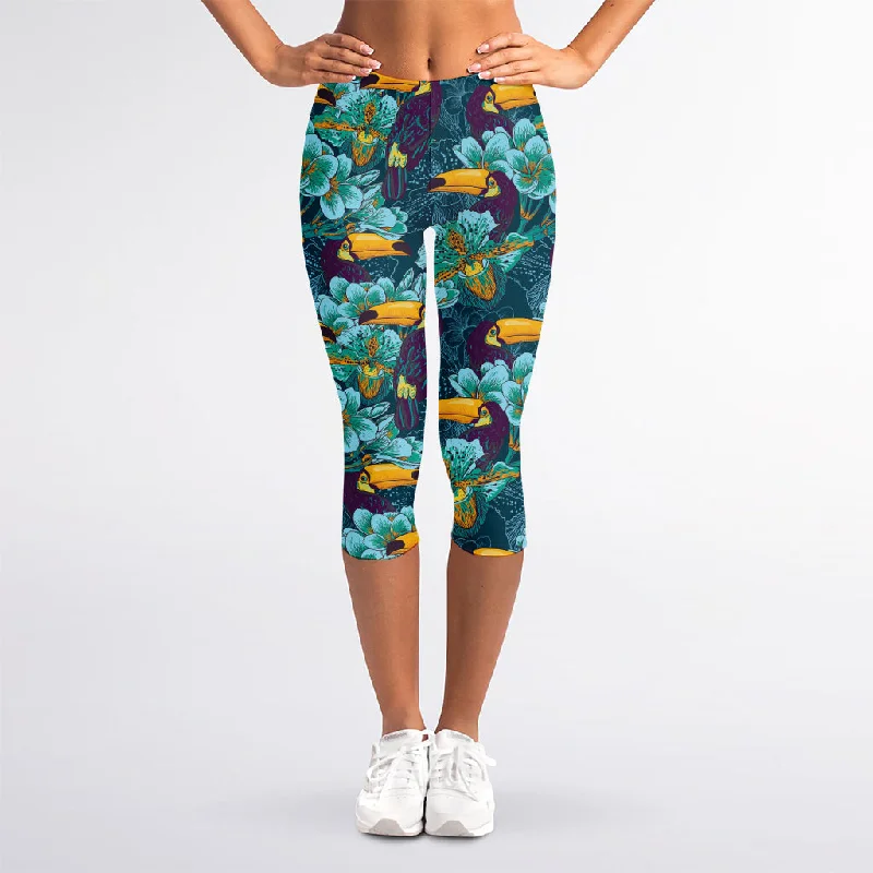 Vintage Toucan Pattern Print Women's Capri Leggings Fashionable Printed Legging Pants