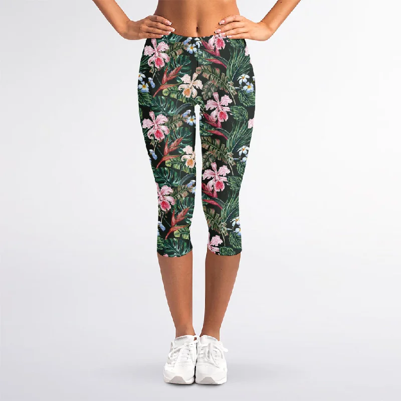 Vintage Tropical Exotic Hawaiian Print Women's Capri Leggings Stylish Camo Print Leggings