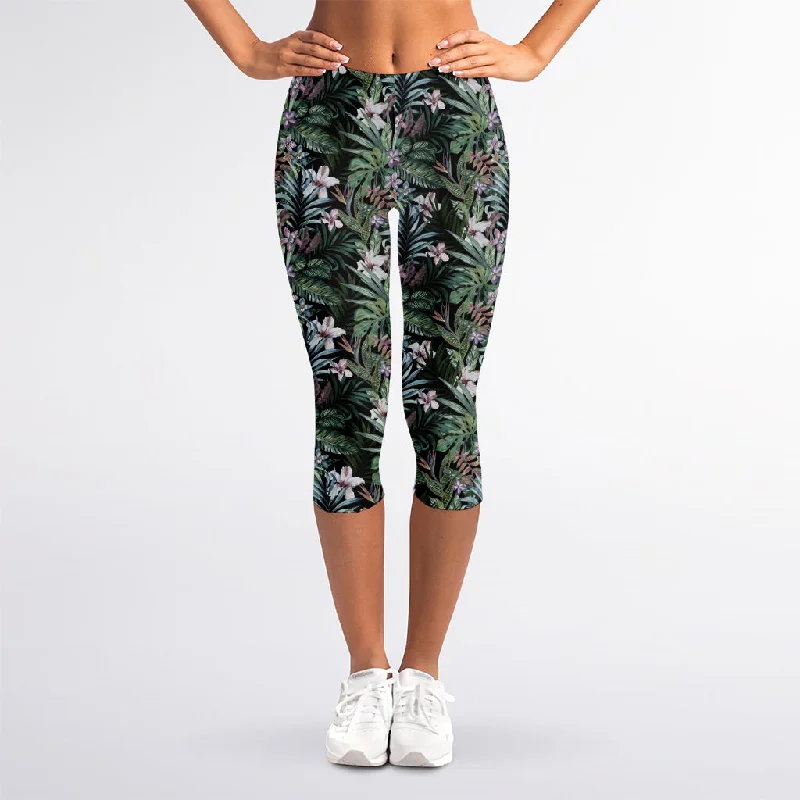 Vintage Tropical Floral Print Women's Capri Leggings Trendy Color Block Leggings