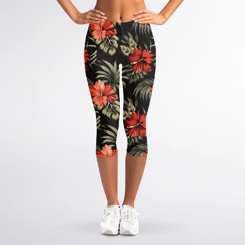 Vintage Tropical Hibiscus Floral Print Women's Capri Leggings Stylish Patterned Active Leggings