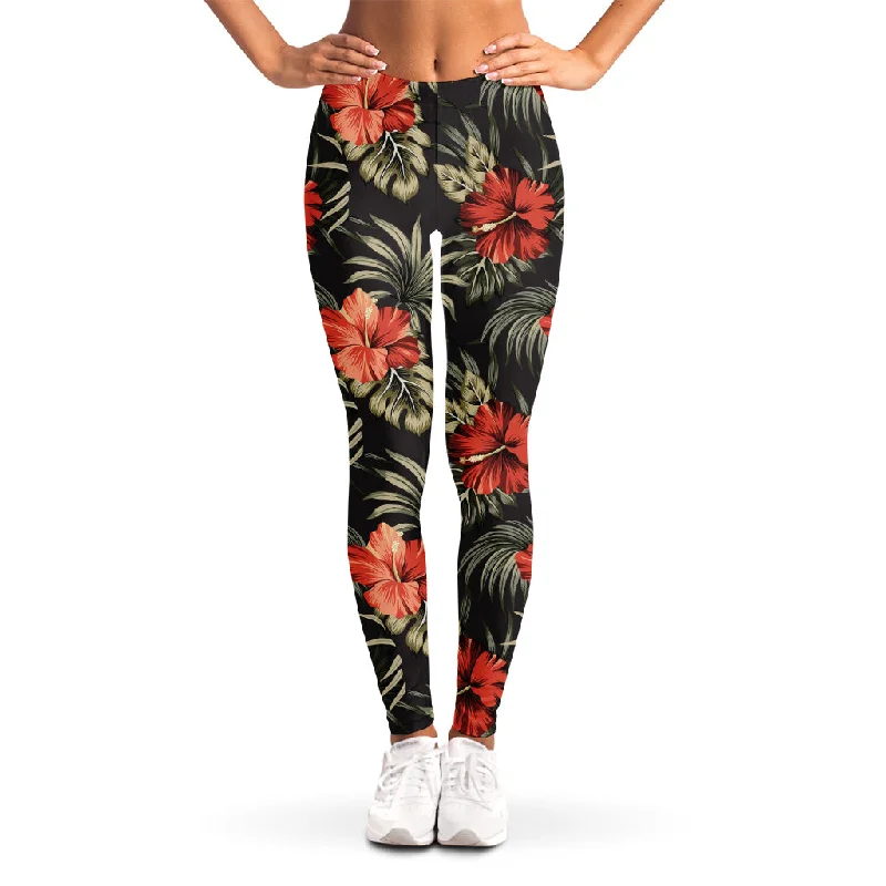 Vintage Tropical Hibiscus Floral Print Women's Leggings Elegant Full-Body Leggings