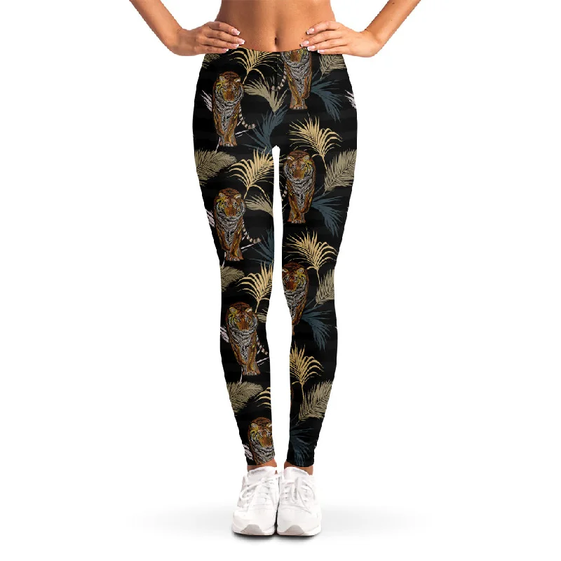 Vintage Tropical Tiger Pattern Print Women's Leggings Comfortable Ribbed Waistband Leggings