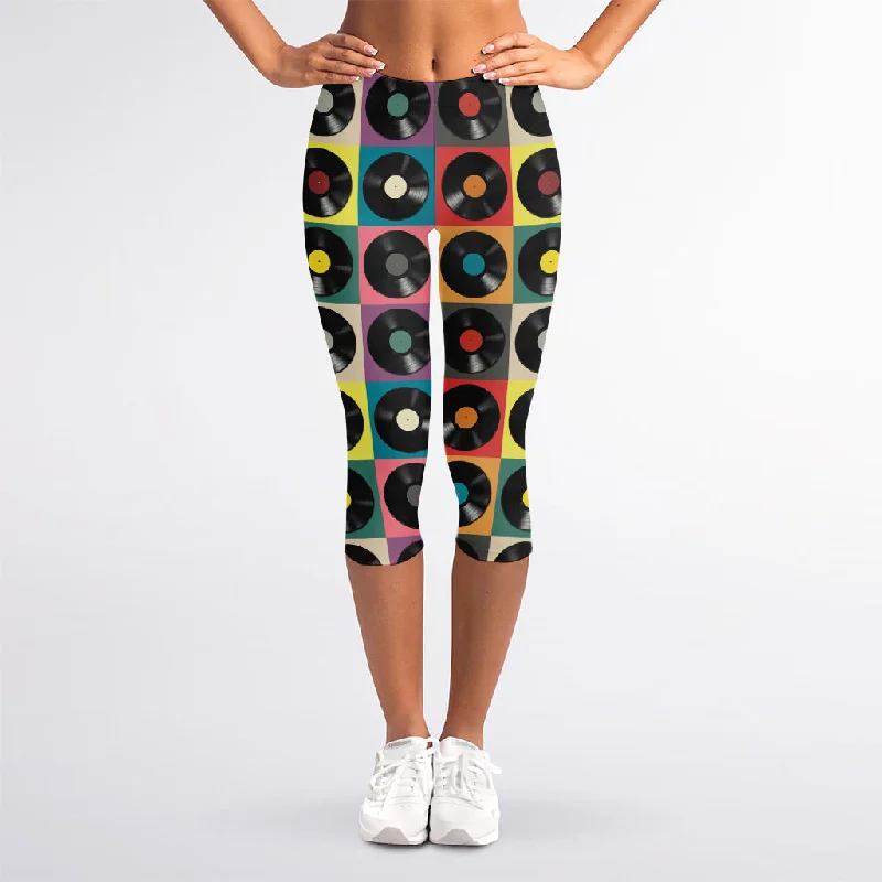 Vintage Vinyl Records Pattern Print Women's Capri Leggings Casual Slim-Fit Leggings