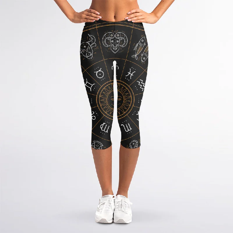 Vintage Zodiac Circle Print Women's Capri Leggings Cozy Bootcut Leggings