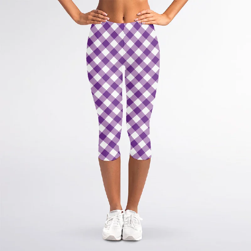 Violet And White Gingham Pattern Print Women's Capri Leggings Chic Workout Leggings