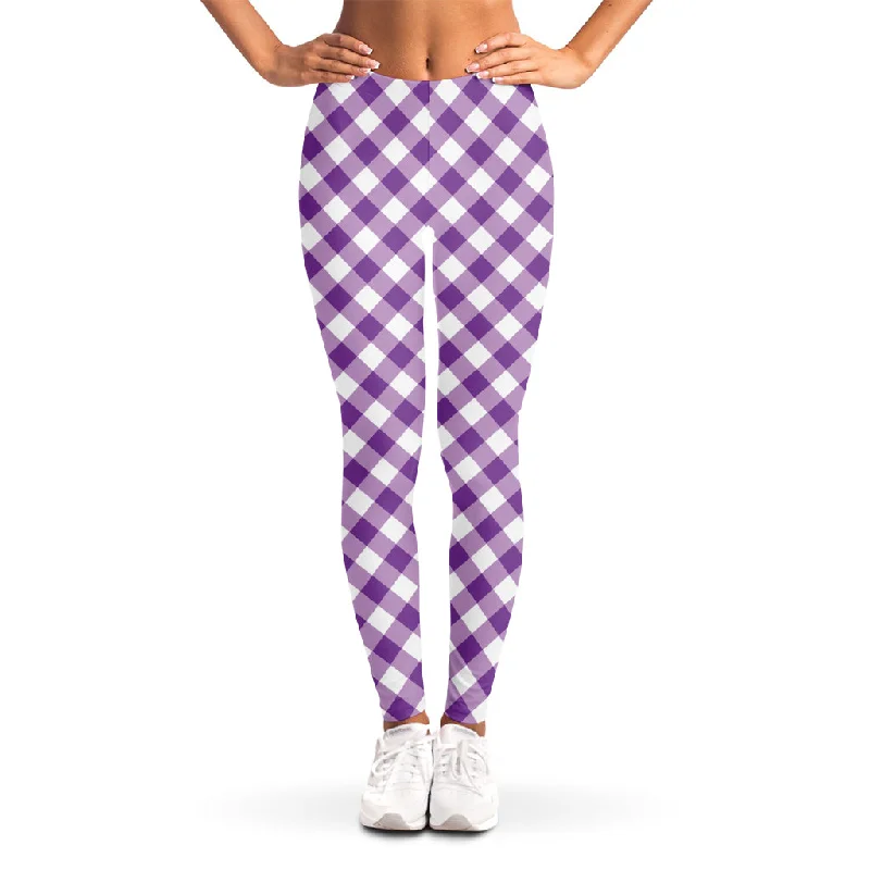 Violet And White Gingham Pattern Print Women's Leggings Trendy Ombre Effect Leggings