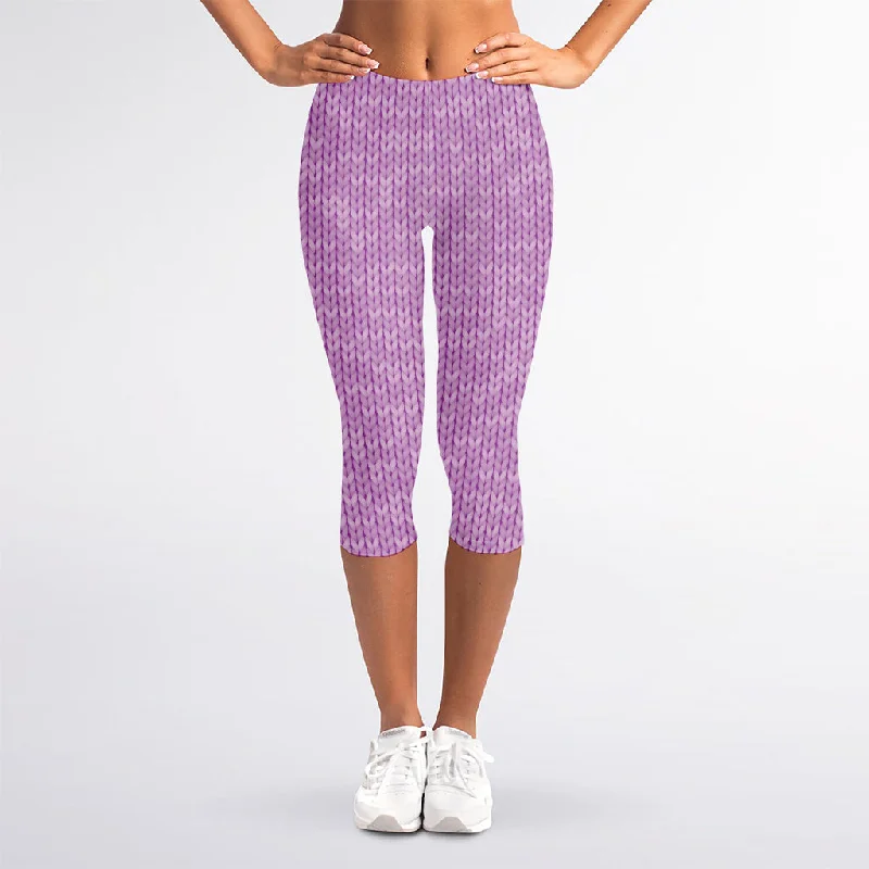 Violet Knitted Pattern Print Women's Capri Leggings Elegant Casual Fit Leggings