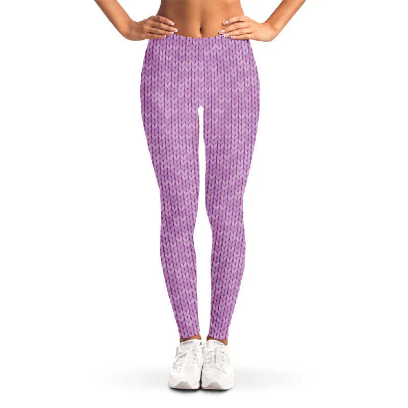 Violet Knitted Pattern Print Women's Leggings Trendy Color Block Leggings