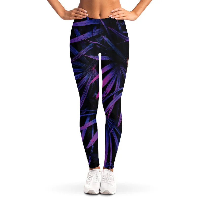 Violet Tropical Leaves Print Women's Leggings Cozy Cotton Leggings