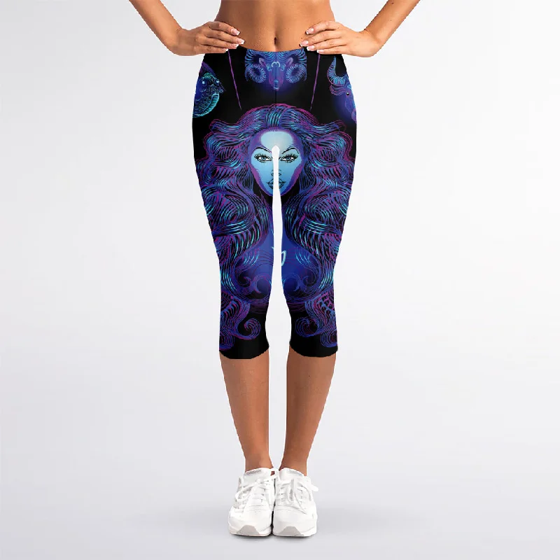 Virgo And Astrological Signs Print Women's Capri Leggings Fashionable Stretchy Fit Leggings