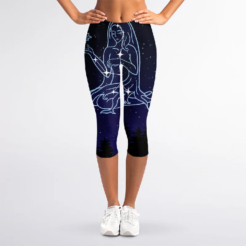 Virgo Constellation Print Women's Capri Leggings Stylish Side-Stripe Leggings