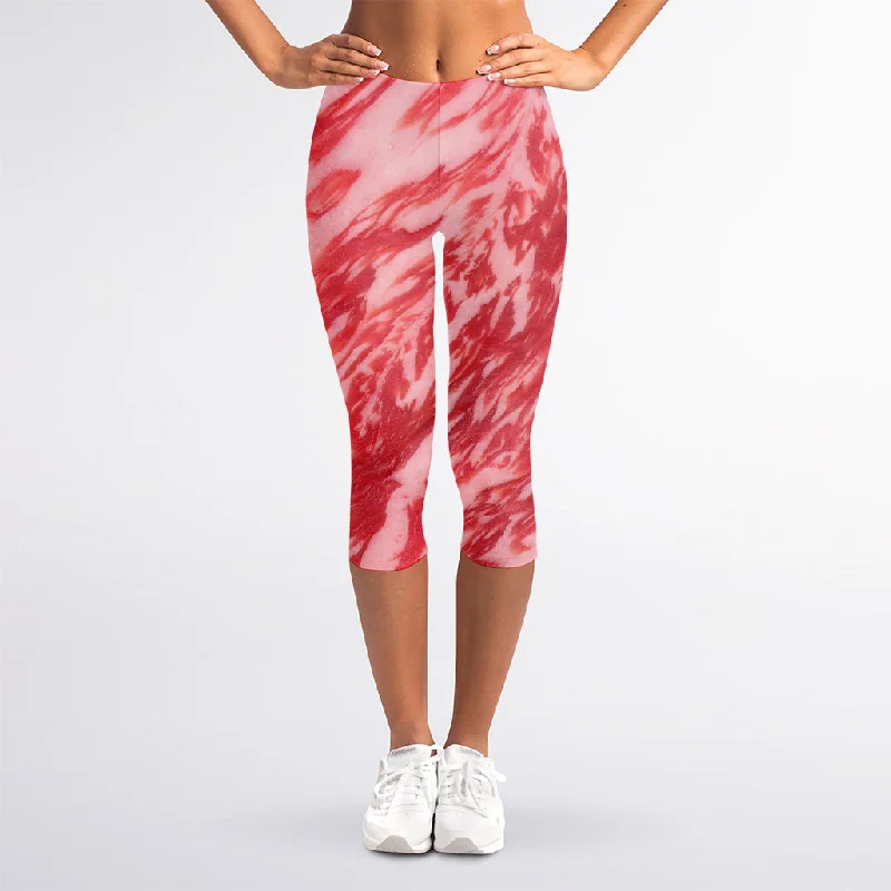 Wagyu Beef Meat Print Women's Capri Leggings Fashionable Plus-Size Activewear