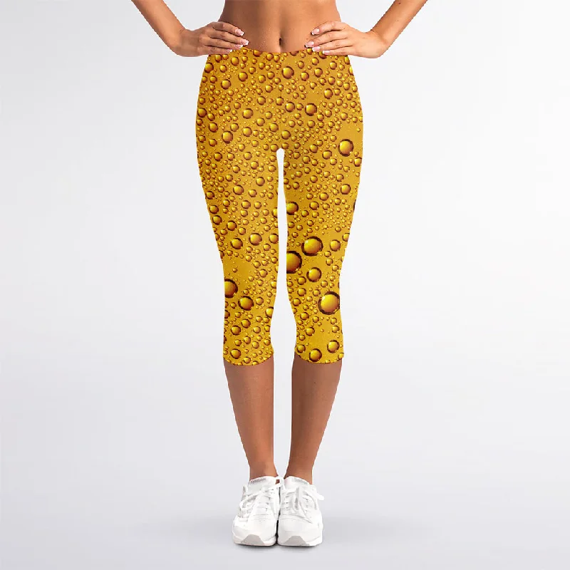 Water Drops On Beer Print Women's Capri Leggings Cozy Reflective Detail Leggings