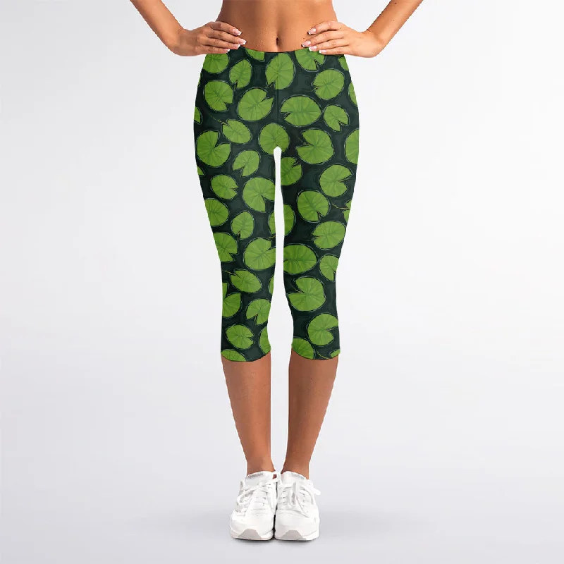 Water Lily Pads Pattern Print Women's Capri Leggings Fashionable Solid Color Tights