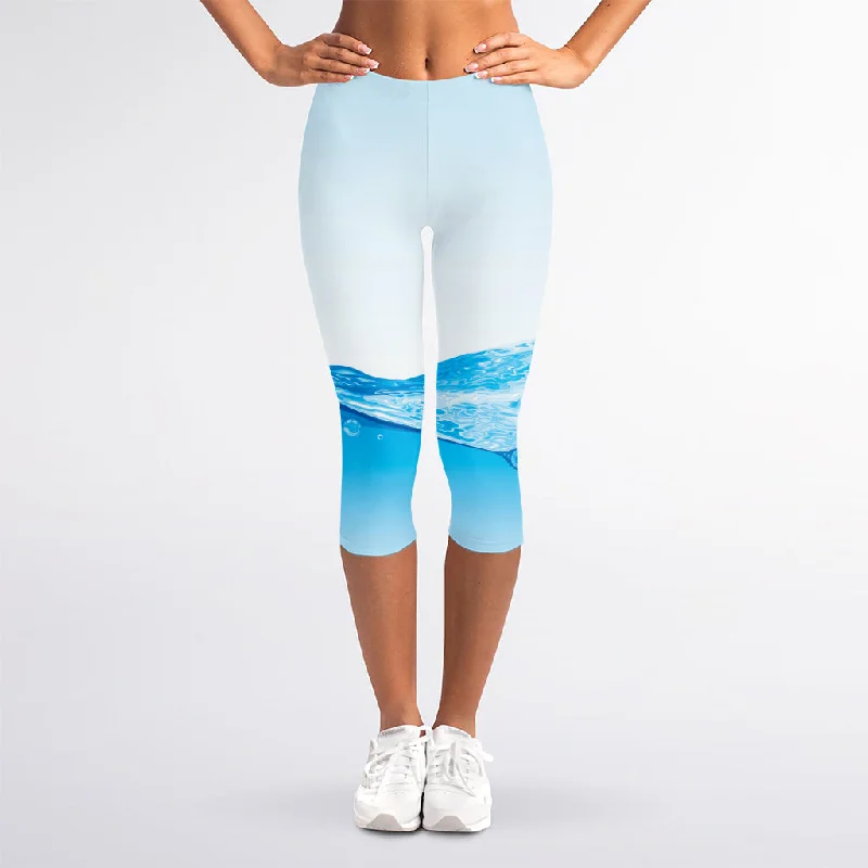 Water Wave Print Women's Capri Leggings Cozy Workout Performance Leggings