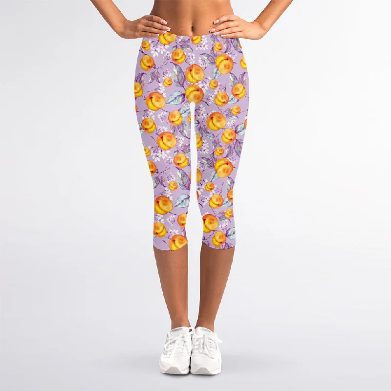 Watercolor Apricot Fruit Pattern Print Women's Capri Leggings Trendy Spandex Leggings