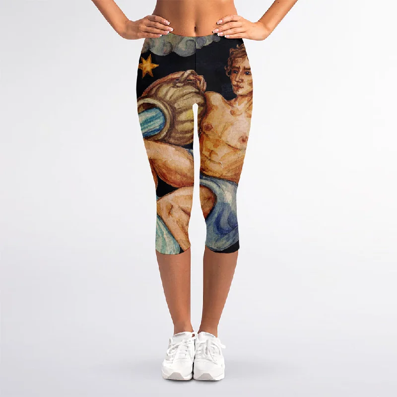 Watercolor Aquarius Zodiac Sign Print Women's Capri Leggings Fashionable Quick-Dry Leggings